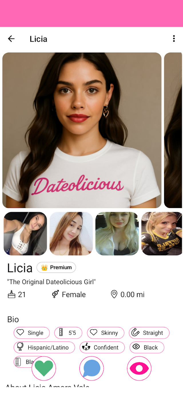 Dateolicious Android app showing a profile, photo gallery and personal interests